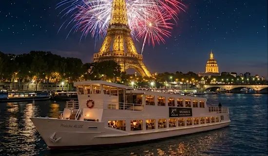 Cena Crucero del 14 de Julio por el Sena - Fuegos Artificiales Torre Eiffel & Velada Bailable
