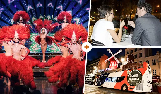 Evening package: Seine dinner cruise + Paris illuminations tour + Moulin Rouge show
