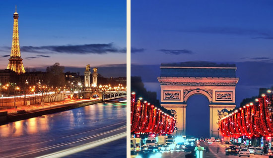 Christmas illumination in Paris by boat and double-decker bus